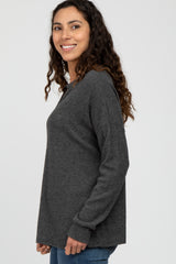 Charcoal Ribbed Split Neck Knit Top