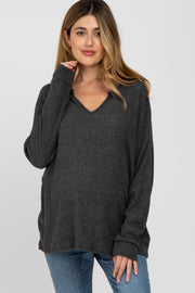 Charcoal Ribbed Split Neck Maternity Knit Top