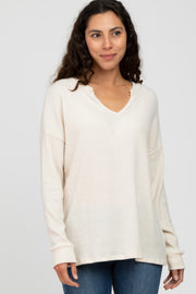 Cream Ribbed Split Neck Knit Top