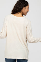 Cream Ribbed Split Neck Knit Top