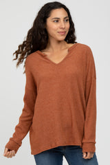 Rust Ribbed Split Neck Maternity Knit Top