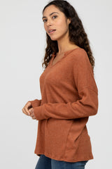 Rust Ribbed Split Neck Knit Top