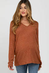 Rust Ribbed Split Neck Maternity Knit Top