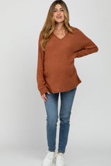 Rust Ribbed Split Neck Maternity Knit Top