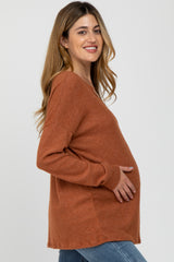 Rust Ribbed Split Neck Maternity Knit Top