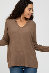 Mocha Ribbed Split Neck Knit Top