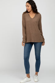 Mocha Ribbed Split Neck Knit Top