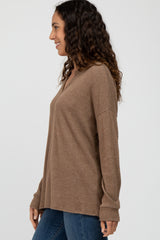 Mocha Ribbed Split Neck Knit Top