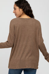 Mocha Ribbed Split Neck Knit Top