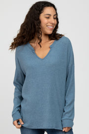 Blue Ribbed Split Neck Knit Top