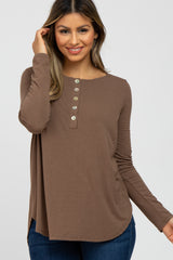 Mocha Button Accent Long Sleeve Maternity Top