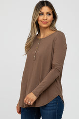 Mocha Button Accent Long Sleeve Top