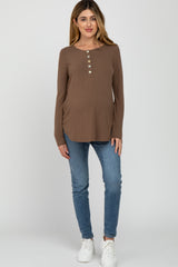 Mocha Button Accent Long Sleeve Maternity Top