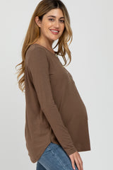 Mocha Button Accent Long Sleeve Maternity Top