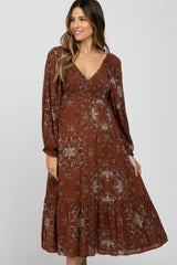 Rust Floral Smocked Maternity Midi Dress