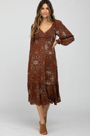 Rust Floral Smocked Maternity Midi Dress