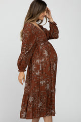 Rust Floral Smocked Maternity Midi Dress