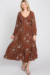 Rust Floral Smocked Midi Dress