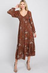 Rust Floral Smocked Midi Dress