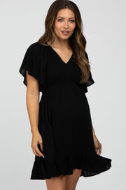 Black Smocked Front Ruffle Hem Maternity Dress