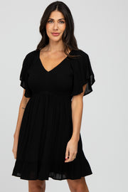 Black Smocked Front Ruffle Hem Dress