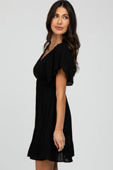 Black Smocked Front Ruffle Hem Dress