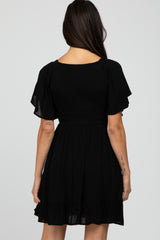 Black Smocked Front Ruffle Hem Dress