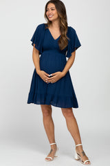 Navy Blue Smocked Front Ruffle Hem Maternity Dress