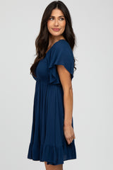 Navy Blue Smocked Front Ruffle Hem Dress