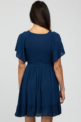 Navy Blue Smocked Front Ruffle Hem Dress