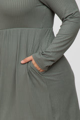 Grey Ribbed Long Sleeve Plus Dress