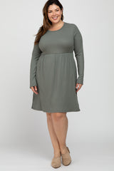 Grey Ribbed Long Sleeve Plus Dress