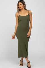 Olive Ribbed Maternity Midi Dress