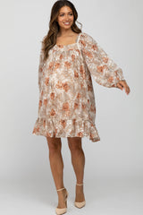 Cream Chiffon Floral Square Ruffle Neck Maternity Dress