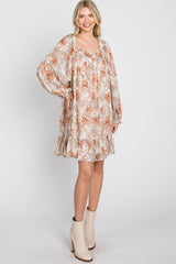 Cream Chiffon Floral Square Ruffle Neck Dress