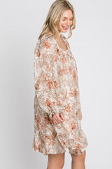 Cream Chiffon Floral Square Ruffle Neck Dress