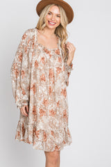 Cream Chiffon Floral Square Ruffle Neck Dress