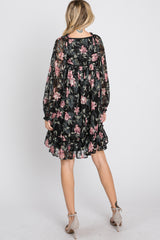 Black Chiffon Floral Square Ruffle Neck Dress