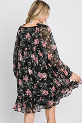 Black Chiffon Floral Square Ruffle Neck Dress