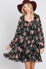 Black Chiffon Floral Square Ruffle Neck Maternity Dress