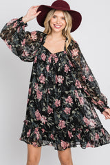 Black Chiffon Floral Square Ruffle Neck Dress