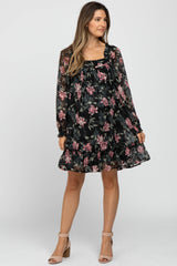 Black Chiffon Floral Square Ruffle Neck Maternity Dress