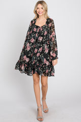 Black Chiffon Floral Square Ruffle Neck Dress