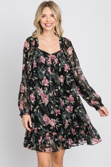 Black Chiffon Floral Square Ruffle Neck Dress