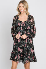 Black Chiffon Floral Square Ruffle Neck Dress