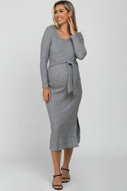 Grey Ribbed Knit Tie Front Maternity Midi Dress