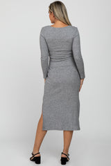 Grey Ribbed Knit Tie Front Maternity Midi Dress