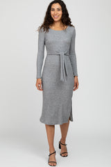 Grey Ribbed Knit Tie Front Maternity Midi Dress