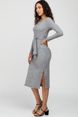 Grey Ribbed Knit Tie Front Midi Dress