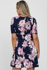 Navy Blue Floral Wrap Front Maternity Dress